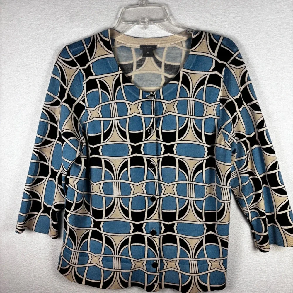 Ann Taylor Geometric Link Print Cardigan Sweater Blue‎ Black Tan XL 3/4 Sleeve